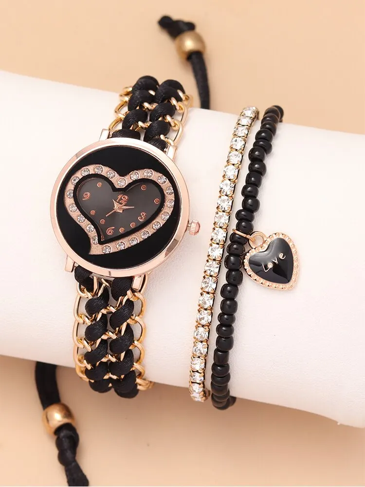 3PCs Women's Love Diamond Knitted Bracelet Quartz Watch+Diamond Bracelet Combination Set