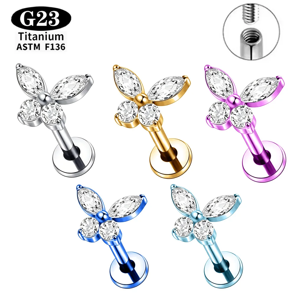 ASTM F136 Titanium Butterfly CZ Labret Tragus Cartilage Conch Forward Helix Stud Nose Anodizing Piercing Body Jewelry