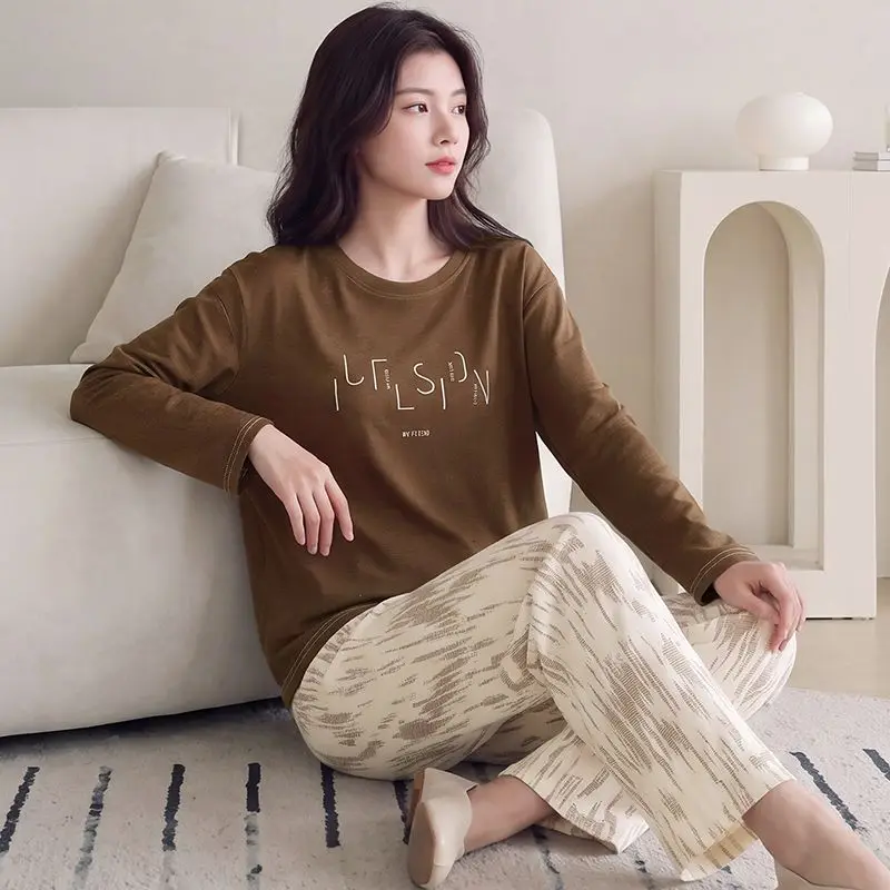 2026 Autumn Long Sleeve 100% Cotton Print Pajama Sets for Women Korean Loose Sleepwear Pyjama Homewear Pijama Mujer Home Clothes