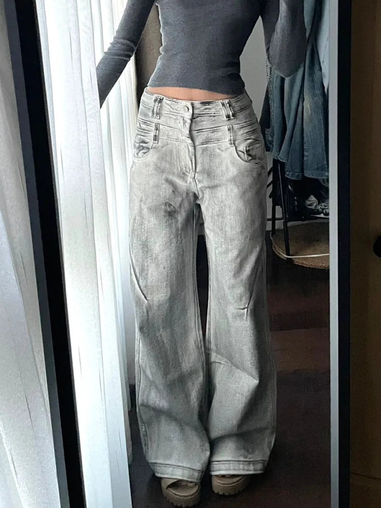 Casual Office Lady Baggy High Waist Grey Wide Legs Pants Cyber Trousers Korean Fashion Trend Jeans 2000s Aesthetic Spring Summer