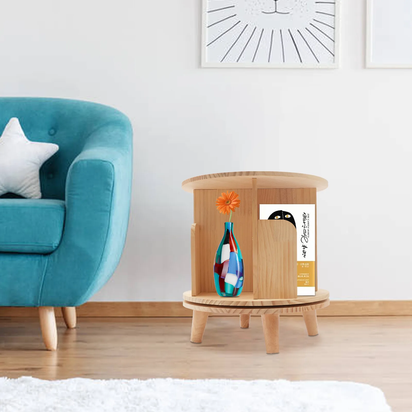 

Single-layer Floor-standing Solid Wood 360-degree Rotating Bookshelf Simple Bedside Table High Load-bearing Storage Rack