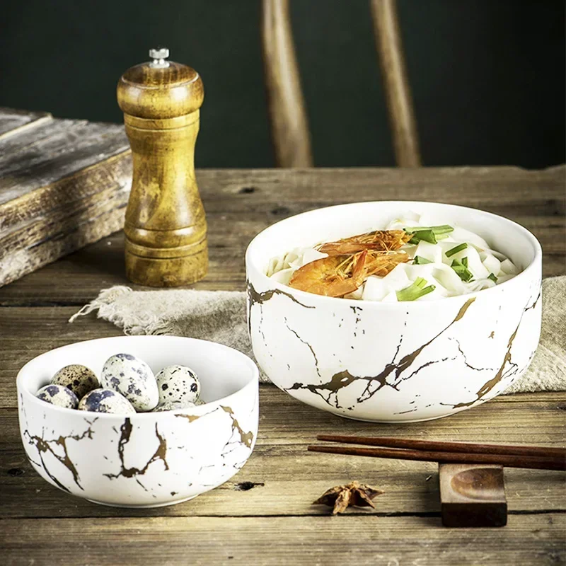 

Nordic Style Marble Ceramic Bowl, Home Tableware Set, Porcelain Breakfast, Rice Dinner, Noodle Soup, Round Bowls