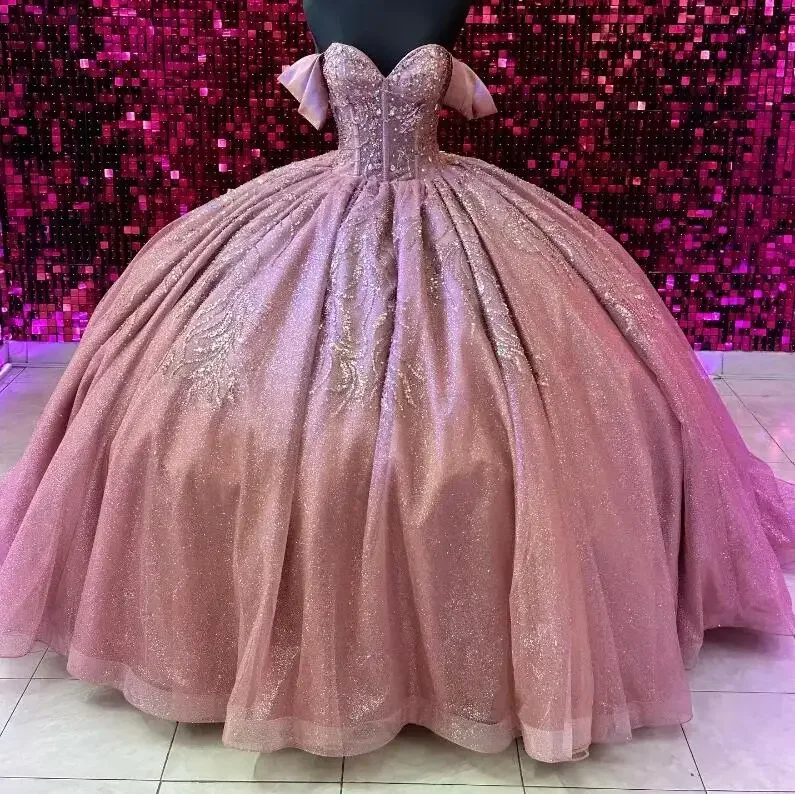 فساتين حبيبته Quinceanera الوردية البراقة مع حبات تول ، ثوب الأميرة الكريستالي ، فستان حفلة عيد ميلاد 15-16 سنة حلو ، هدية