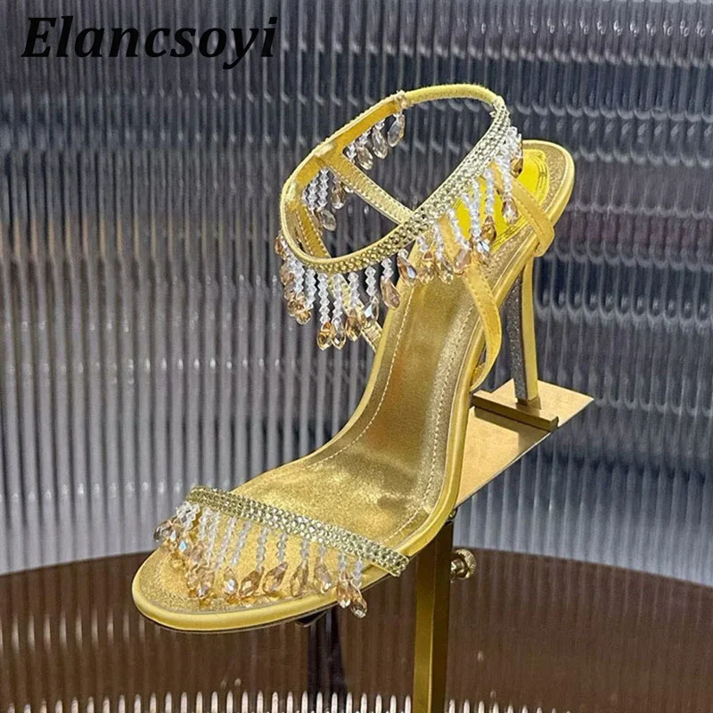 Rhinestone Pendant High Heels Sandals Women's One Word Strap Thin Heels Open Toe Sandalias Summer Sexy Wedding Banquet Shoes