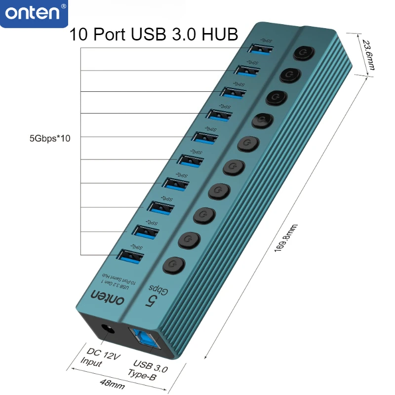 ONTEN 10 Ports USB 3.0 Hub Multiple Splitter 12V Power Adapter with On/off Switch USB Splitter High Speed Hub for MacBook Laptop