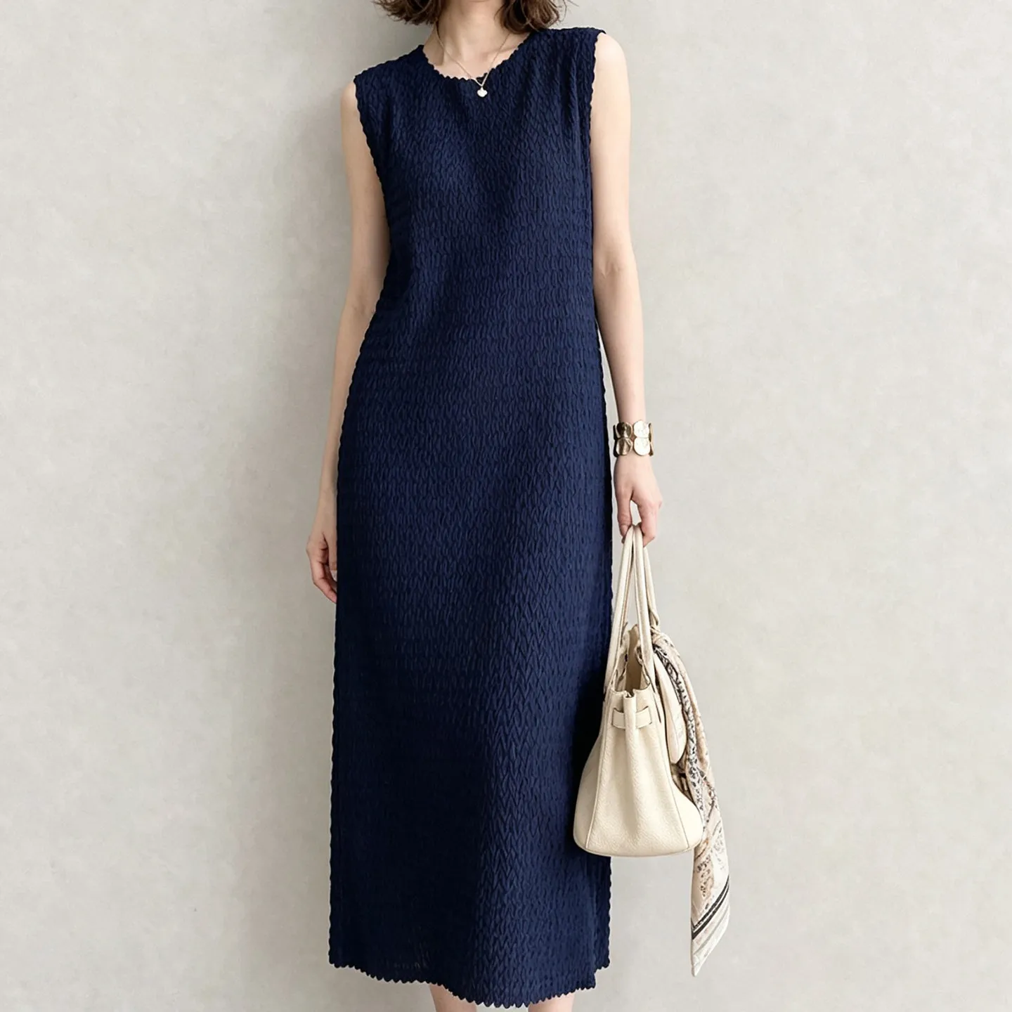 Miyake Plissee-Kleid, Damen, ärmelloses Midikleid, strukturiert, lockere Passform, elegant, lässig, Sommermode, Vintage-Stil, schicker Look – Detail 12
