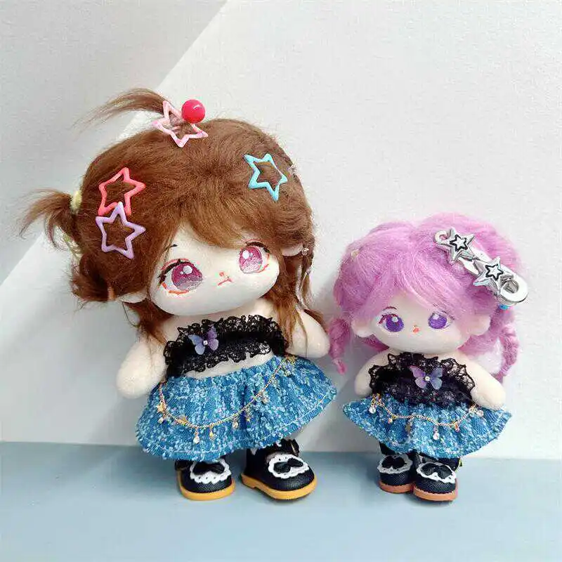 10/20cm Kpop Star Idol Doll Girl Fashion Y2K Strapless Denim Dress Outfit Stuffed Plushie 17cm Labubu Doll Clothes Accessories