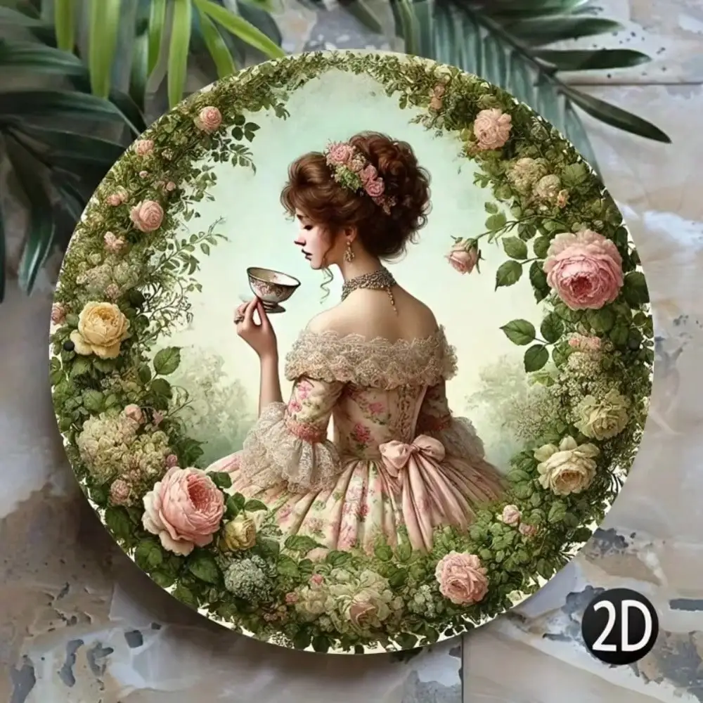 Victorian Tea Party 2D Flat High Definition Metal Wall Art Vintage Aristocratic Lady in Floral Dress Drinking Tea Pink Rose Wrea