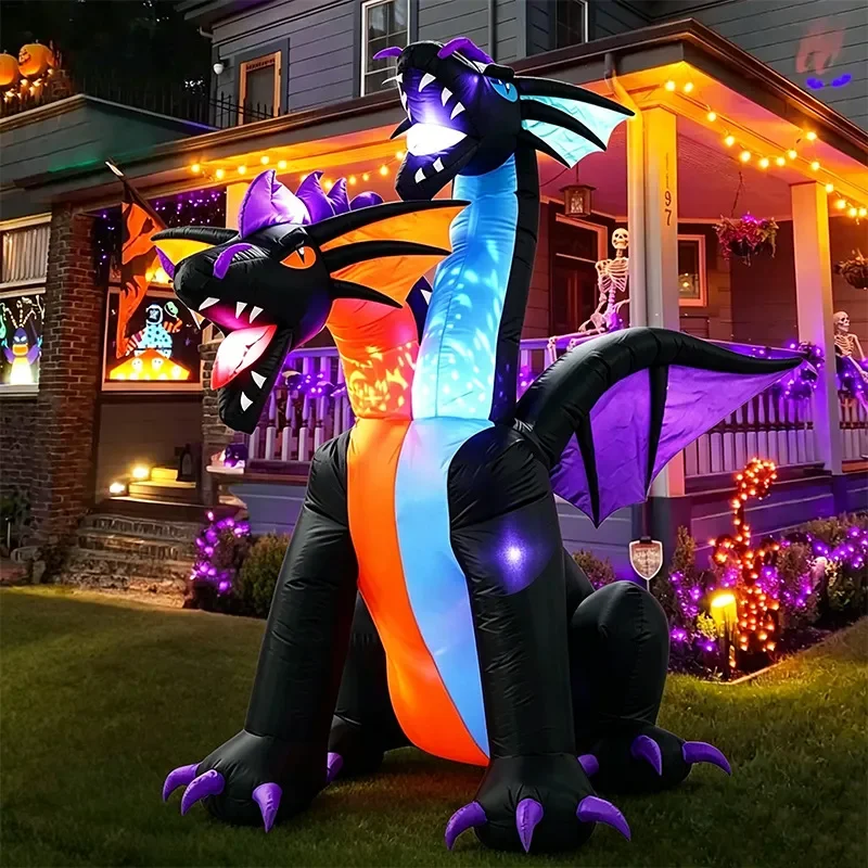 2.1m Halloween Inflatable Double Headed Dragon LED Light Up Outdoor Yard Lawn Garden Decoration Air Blow Up Prop Ornament