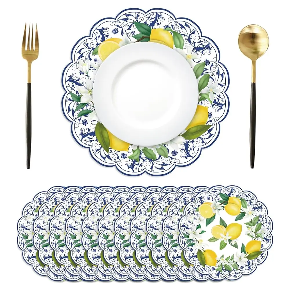 

50 шт. круглых бумажных салфеток с лимонами, 13,4 дюйма, голубые, с узором лимонных плиток, летние, с фруктовым узором, одноразовые, для сервировки стола
