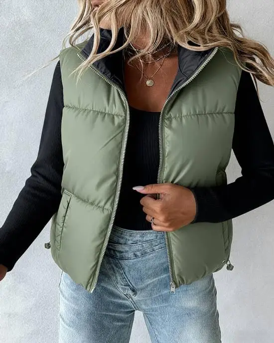 سترة بدون أكمام مملوءة بأكمام دافئة للنساء في أزياء الشتاء، طراز كلاسيكي، سحاب أمامي، سترة قصيرة للأسفل #1