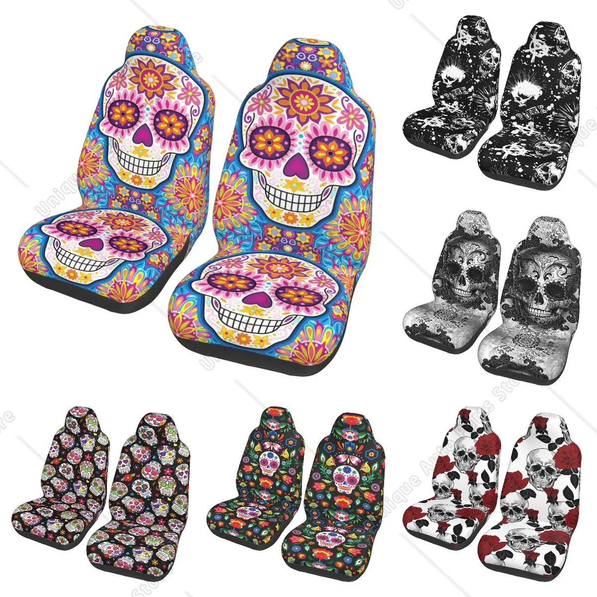 Sunflower Skull Printed Front Seat Covers 2 Pcs Mexico Skull Flower Vehicle Seat Protector Car Mat Covers Fit Most Cars SUV