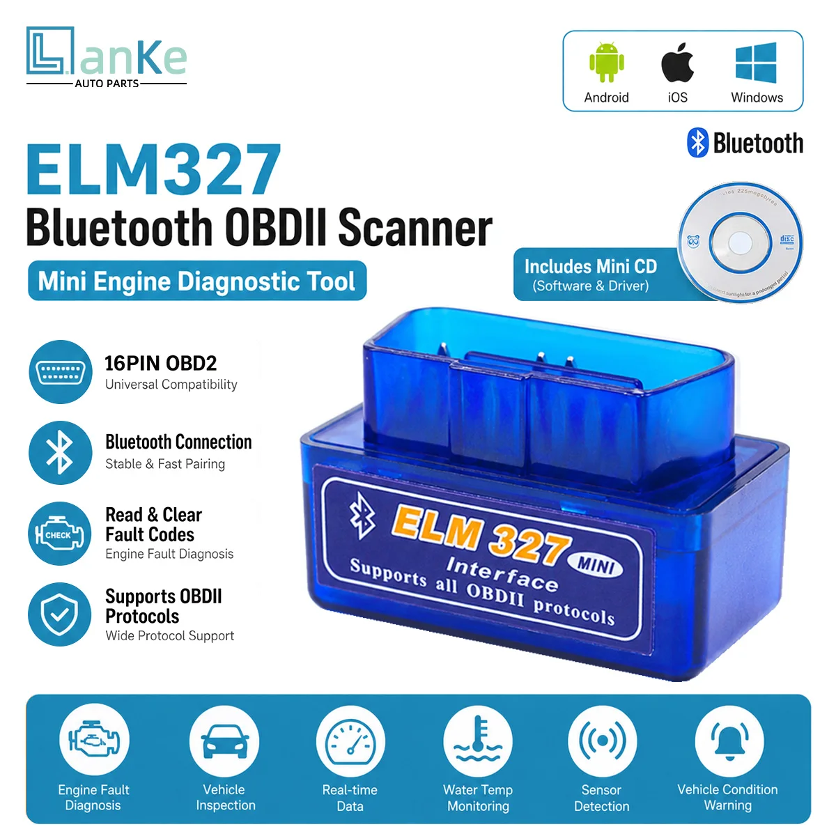 Lanke ELM327 Mini OBD2 Bluetooth Car Scanner Check Engine Scan Wireless Code Reader Adapter Fault Detector Auto Scan Tools