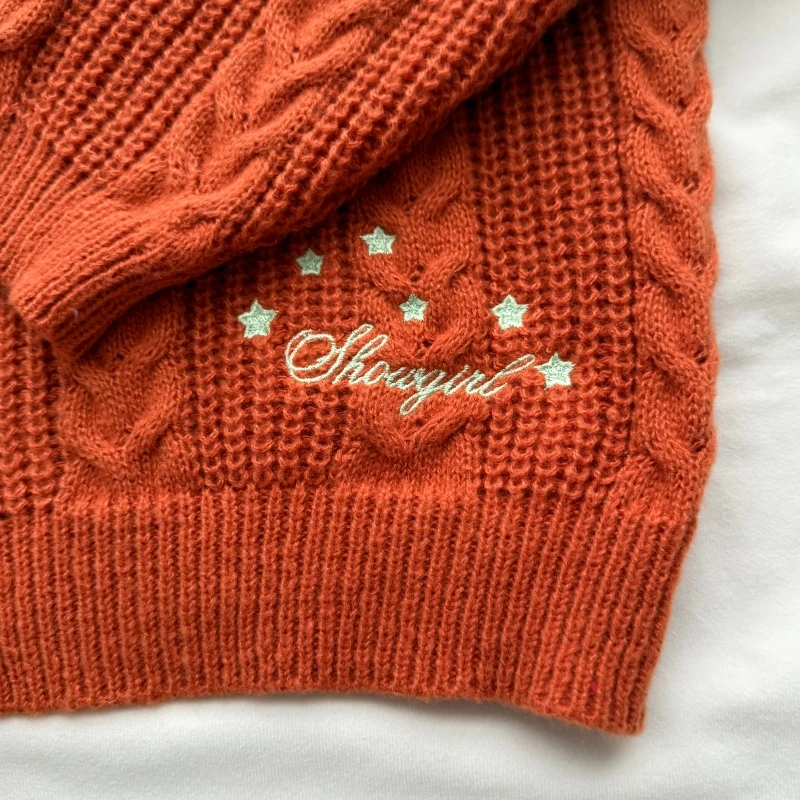 Showgirl Orange Knitted Cardigan Women Mint Green Star Embroidery Sweater Shiny Buttons Cable Knit Cardigans Daily School Tops - view 3