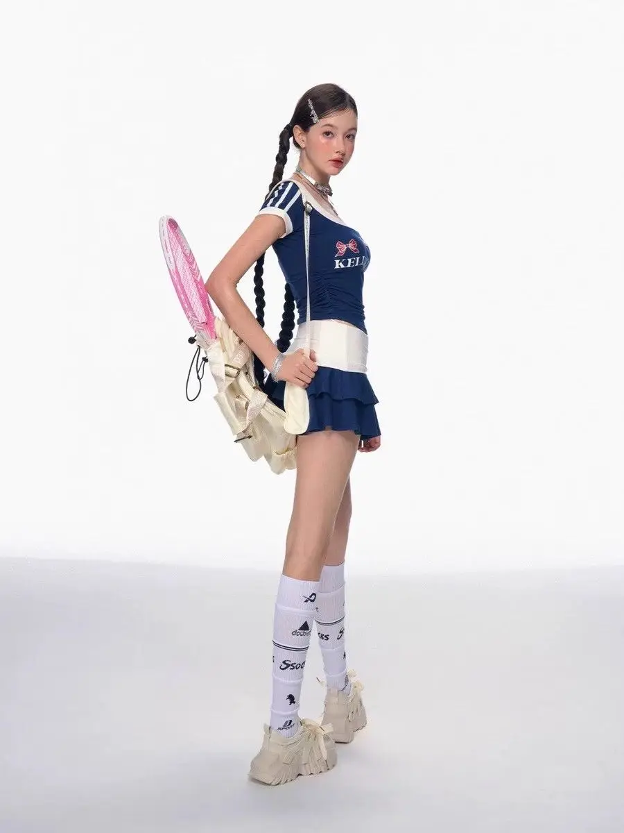 Amerikanischer Sportanzug für Damen, Sommer, Retro-T-Shirt, Röcke, zweiteiliges Set, lässiges Schlankheitsoberteil, Goth, sexy Mädchen, kurzer Harajuku-Y2K-Rock