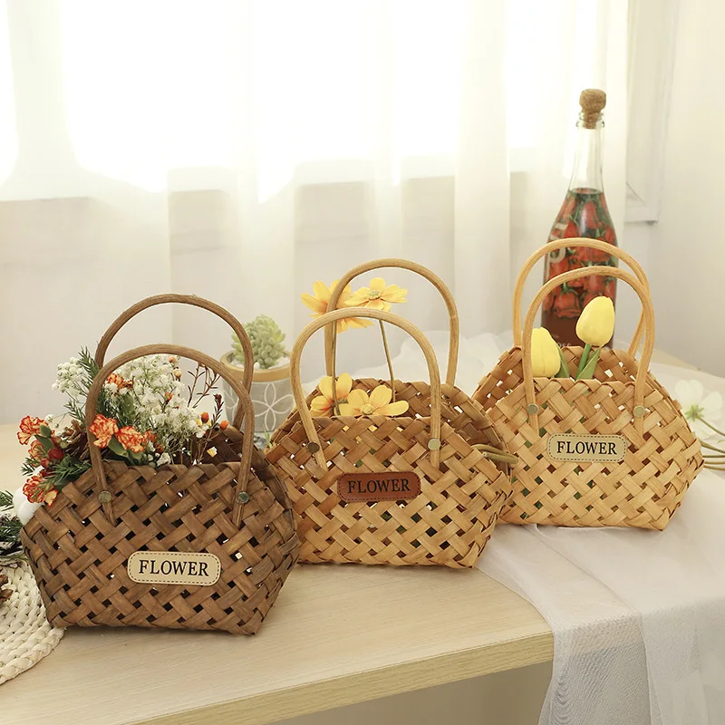 

Wood Baskets Woven Hand-Held Wicker Cachepot For Flowers Pot Wicker Baskets Girl Storage Basket With Handle Wedding Home Decor