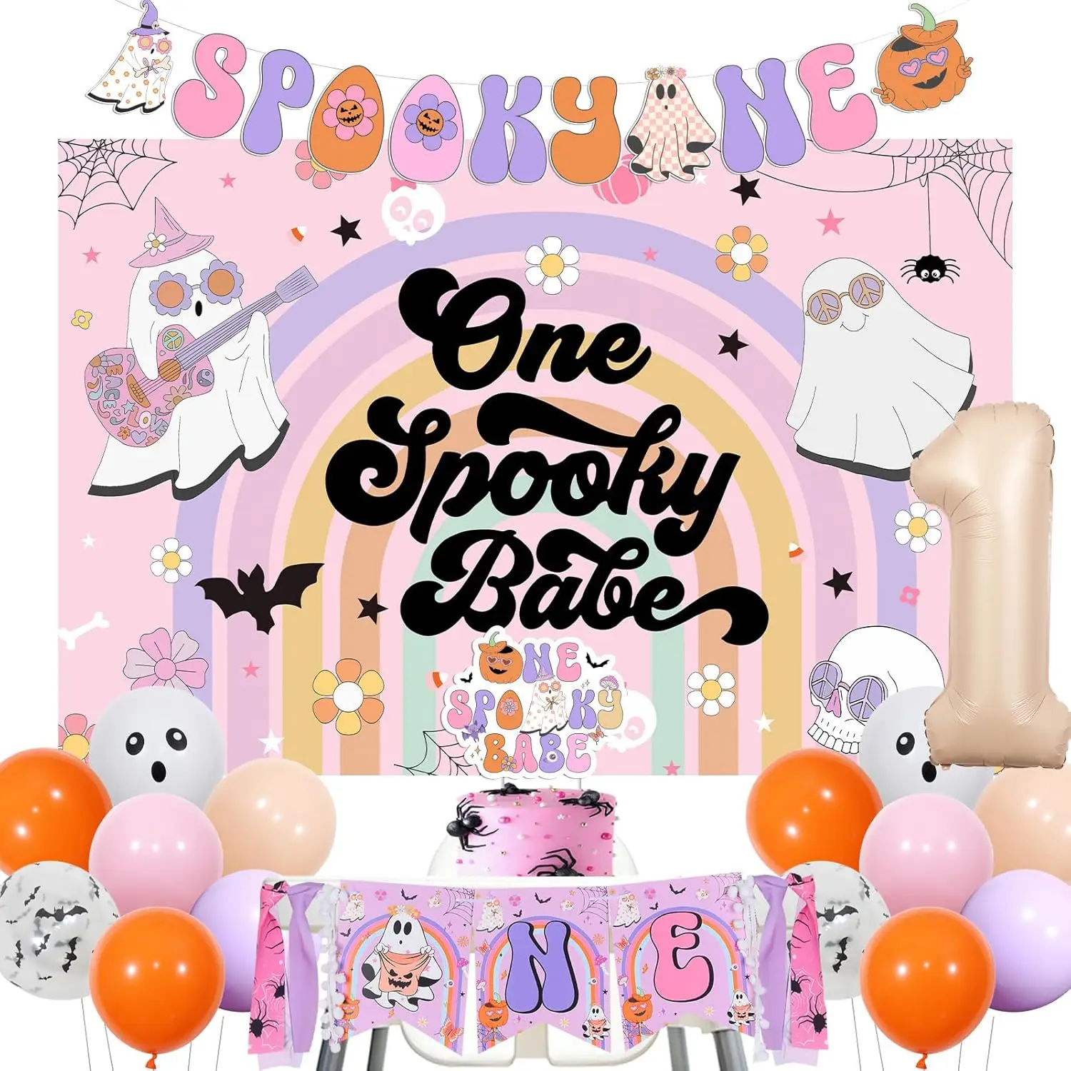 

Sursurprise Groovy Halloween Decorations for Girls Groovy Spooky One Babe Decors Cake Topper Backdrop Banner 1st Birthday Party