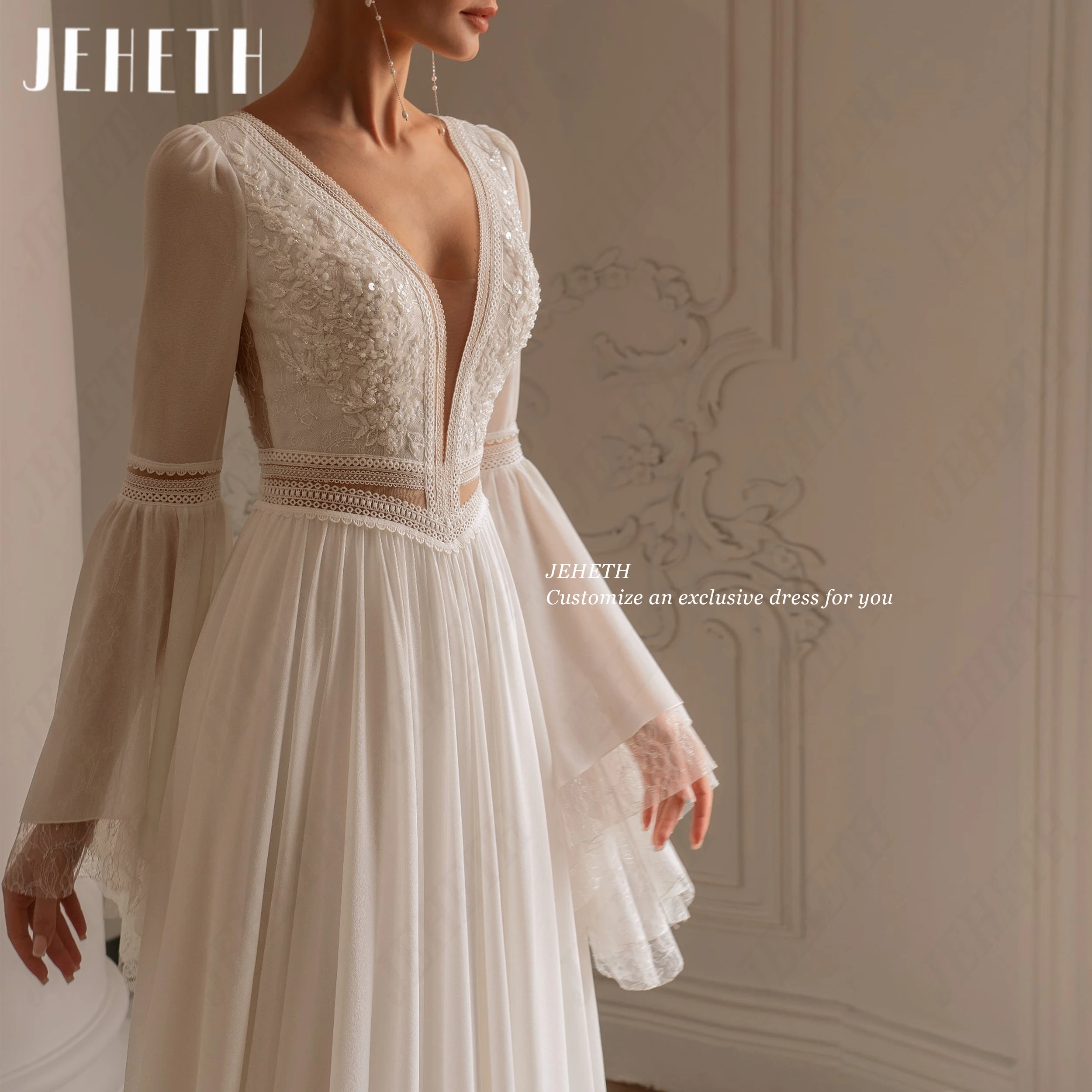 JEHETH Customized Bohemian Lace Chiffon Wedding Dress V Neck Long Flare Sleeve Bride Gown A Line Bridal Dresses robe de mariee