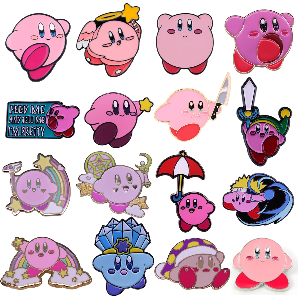 Kirby หมุดโลหะสำหรับกระเป๋าเป้สะพายหลังเคลือบเข็มกลัดญี่ปุ่นน่ารักสำหรับผู้หญิงเข็มกลัดปกสีชมพูป้ายอะนิเมะแฟชั่นของขวัญคริสต์มาส