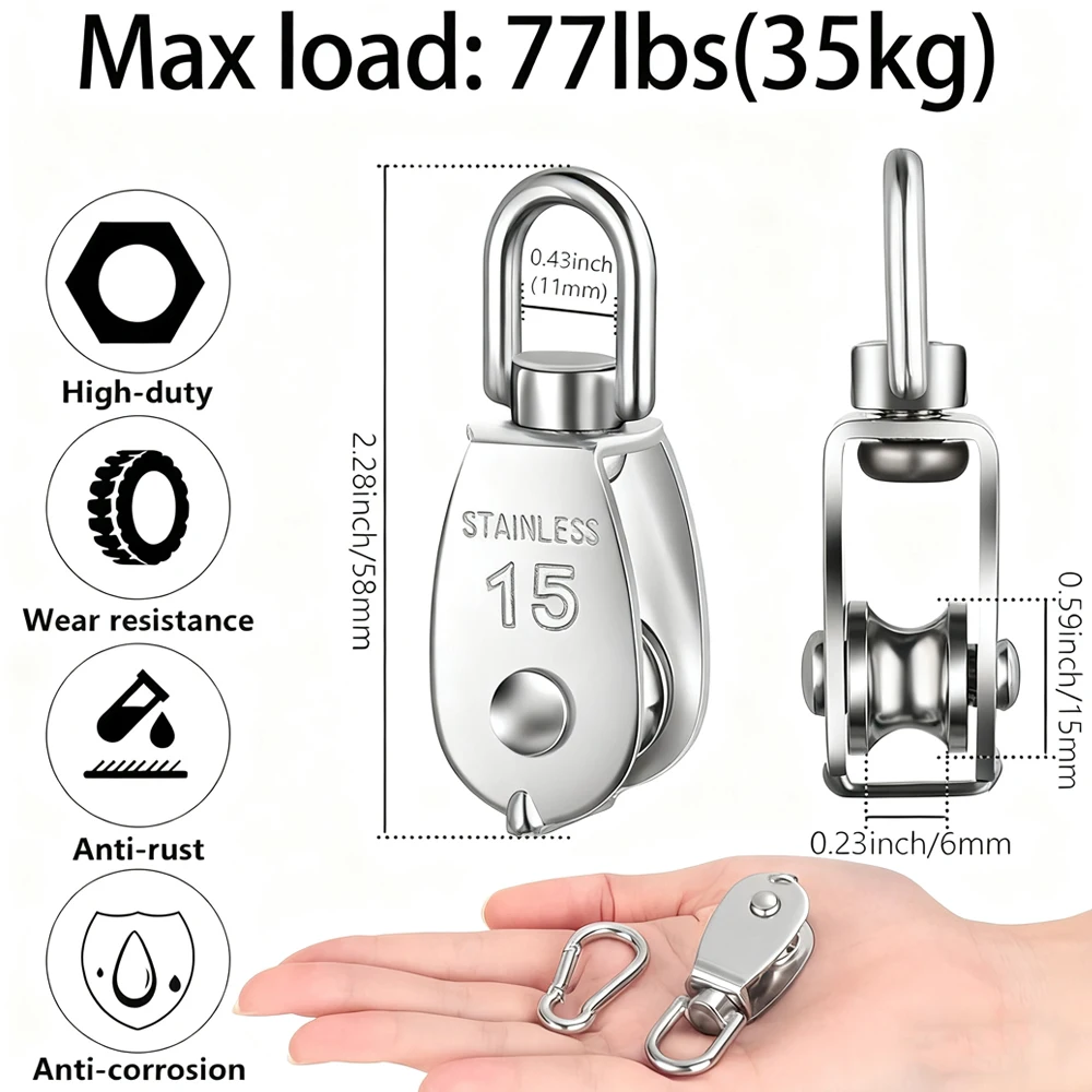 M15 304 Stainless Steel Pulley Lifting Rope Pulley Set Lifting Wheel Tool with M5 Spring Buckle for Hanging Wire Traction Wheel