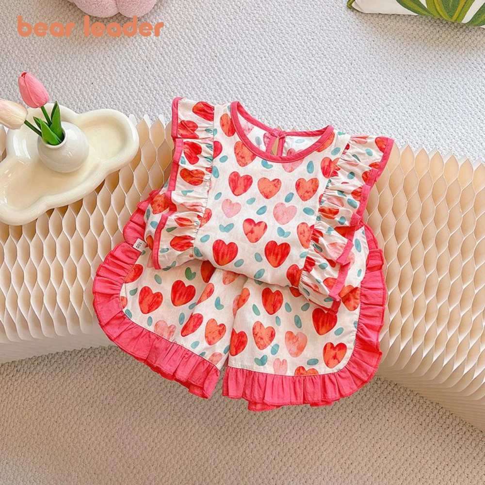 

Bear Leader Summer Sweet Cute Pink Girls Clothes Love Printed Sleeveless Top+Pants 2Pcs Color Blocked Casual Children's Clothing