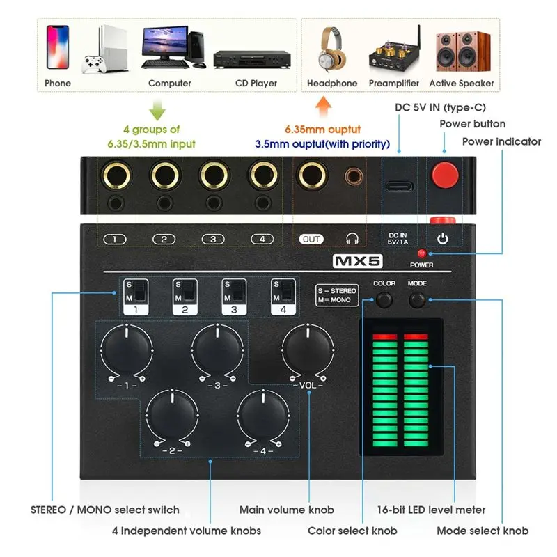 MX5 Ultra Low Noise 4-Channel Stereo Audio Mixer 6.35 Mm/Mono 3.5 Mm Mini Plug For Bars, For Clubs& Studios