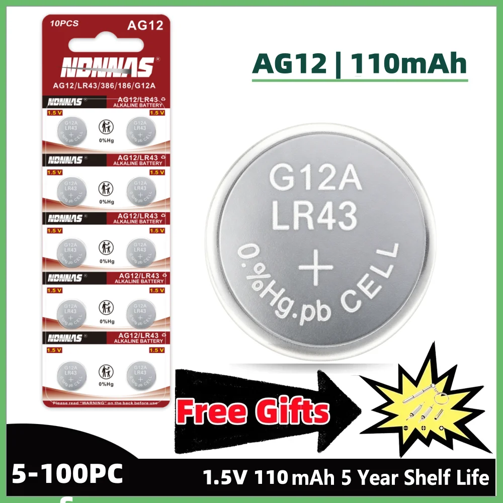 5-100 шт. AG12 LR43 SR43SW 1.5V щелочные батарейки-таблетки, совместимые с часами, автомобильными ключами, пультами ДУ, электронными устройствами