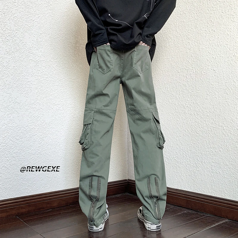 

High Street Straight Army Green Multiple Pockets Cargo Pants Elastic Slim Fitting Overalls Foot Zipper Casual Baggy Trousers