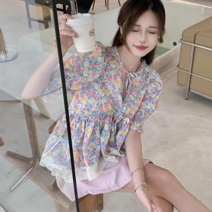 Dulce estampado Floral Bubble Sve irt mujer suelta Fit Princ Sle ort Sve redondo Ne Top coreano principios de primavera Faion