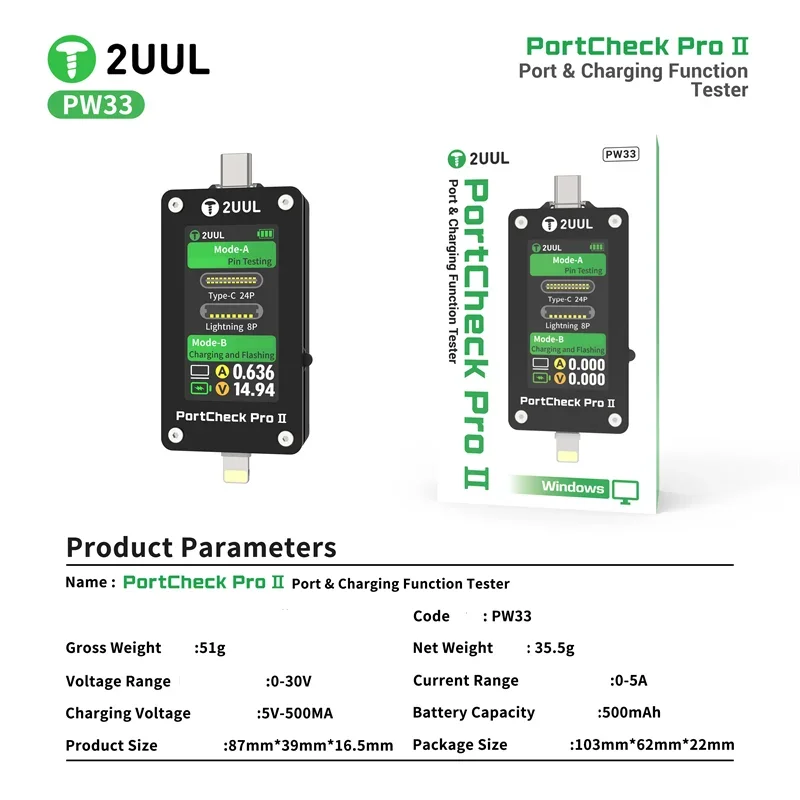2UUL PW33 PortCheck Pro II Charge Port 2 in 1 Function Tester Type-C Tester for Phone Charging Port Fault Detection Repair Tools