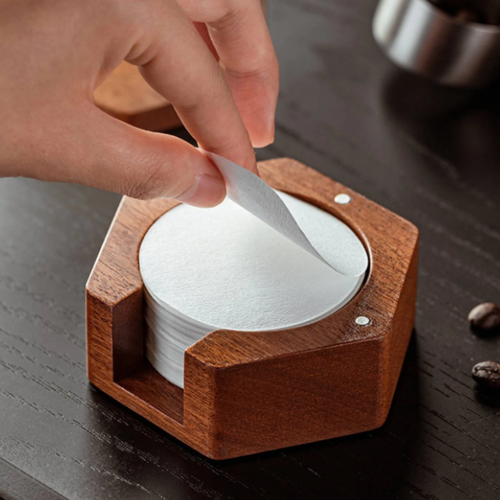 Coffee Filter Holder with Cutout Solid Wood Coffee Filter Holder Organizer Rustic Artisanal for Baristas, Kitchen Counter