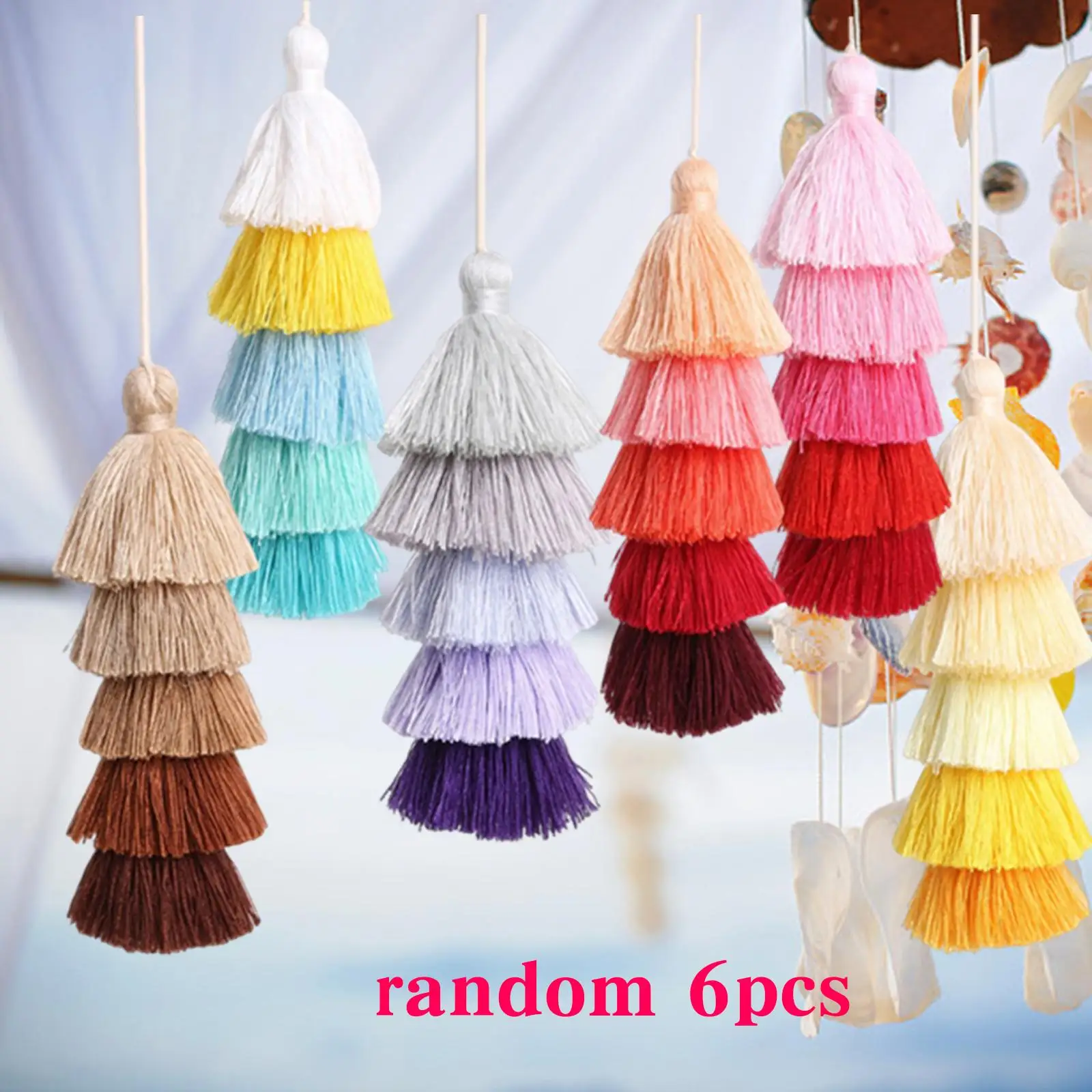 6 Pieces Colorful Bohemian Pom Pom Tassel Wallet Bag Charms Key Chain Key Ring