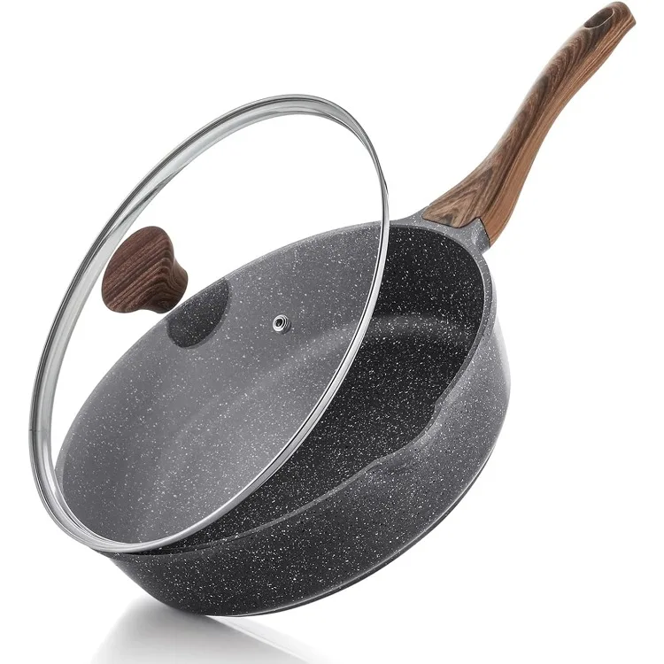 Nonstick Skillet, Deep Frying Pan 10/11/12-inch, Saute Pan with Lid, Stay-cool Handle, Healthy Stone Cookware Cooking P