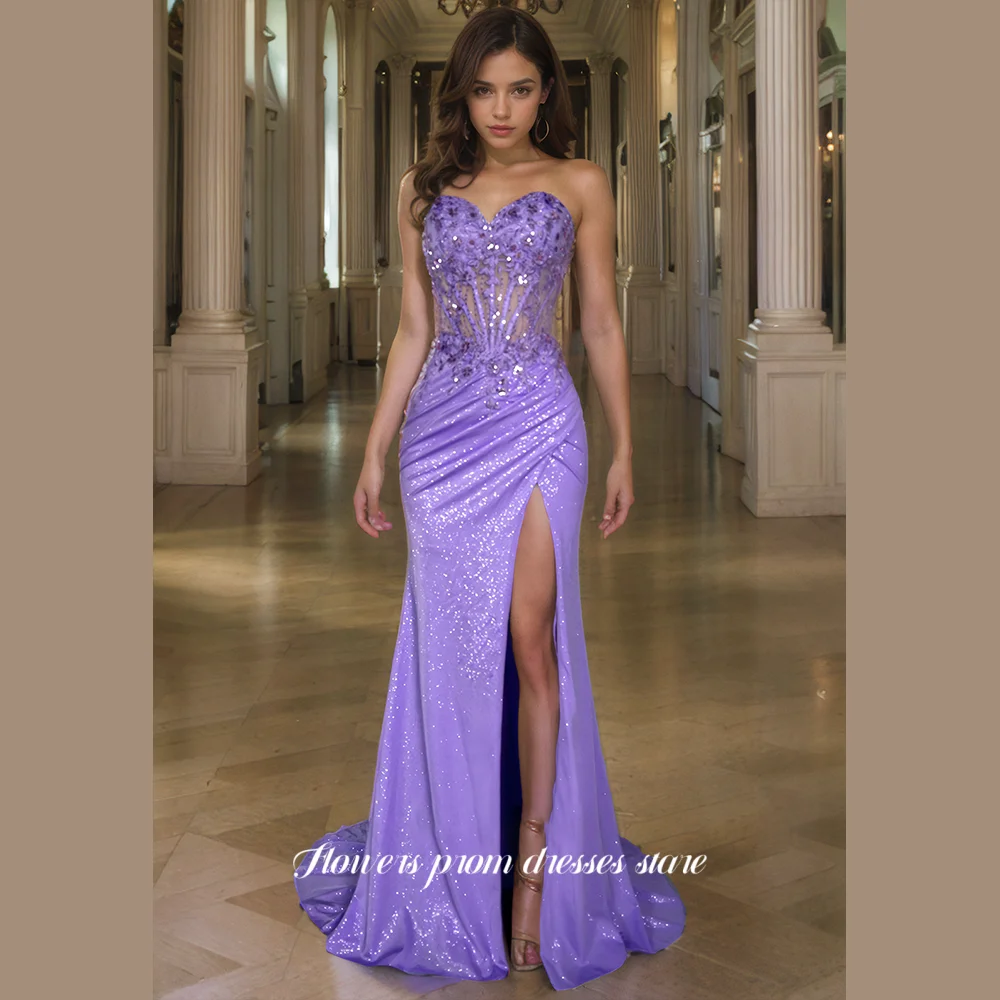 

Flowers Prom Dress Shiny Party Dress Sequined Evening Dress High Split فستان سهرة Strapless Satin Party Dresses Customized