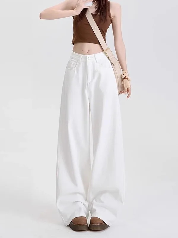 

plus Size Women's White Straight Leg Jeans High Waist Loose Fit Summer New Style Retro Casual Wide Leg Long Pants