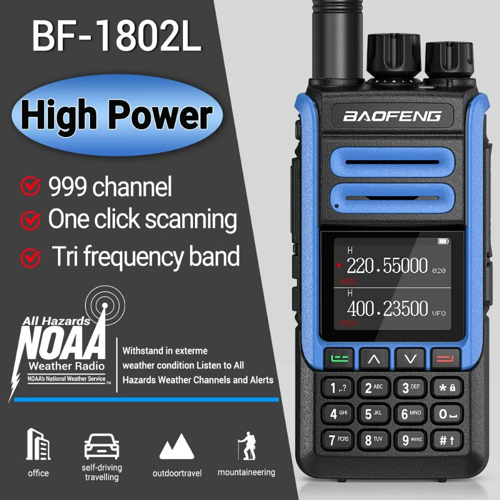 Baofeng-Tri Band sem fio Walkie Talkie, Long Range, NOAA Weather Channel, Ham Two Way Radio, Copiar Freqüência, 999 Canais, BF-1802L