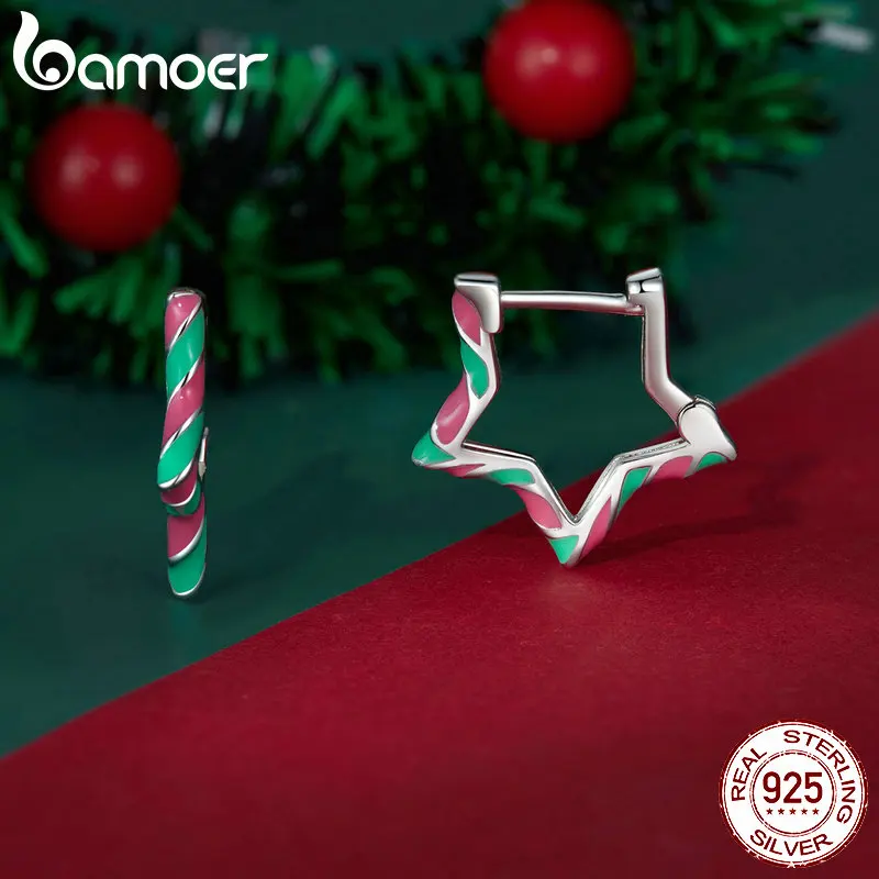 Bamoer 925 Sterling Silver Star Shape Ear Buckles Colorful Enamel Hoop Earrings for Women Christmas Fine Jewelry Gift SCE1658