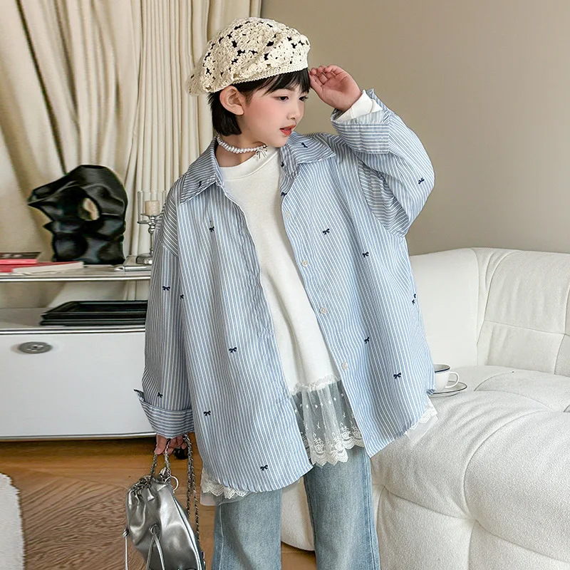 

2025 Korean Autumn Junior Girls Top Bowknot Printed Striped Children Girls T-shirt Turn Down Collar Long Sleeves 4-14Y Girls Tee