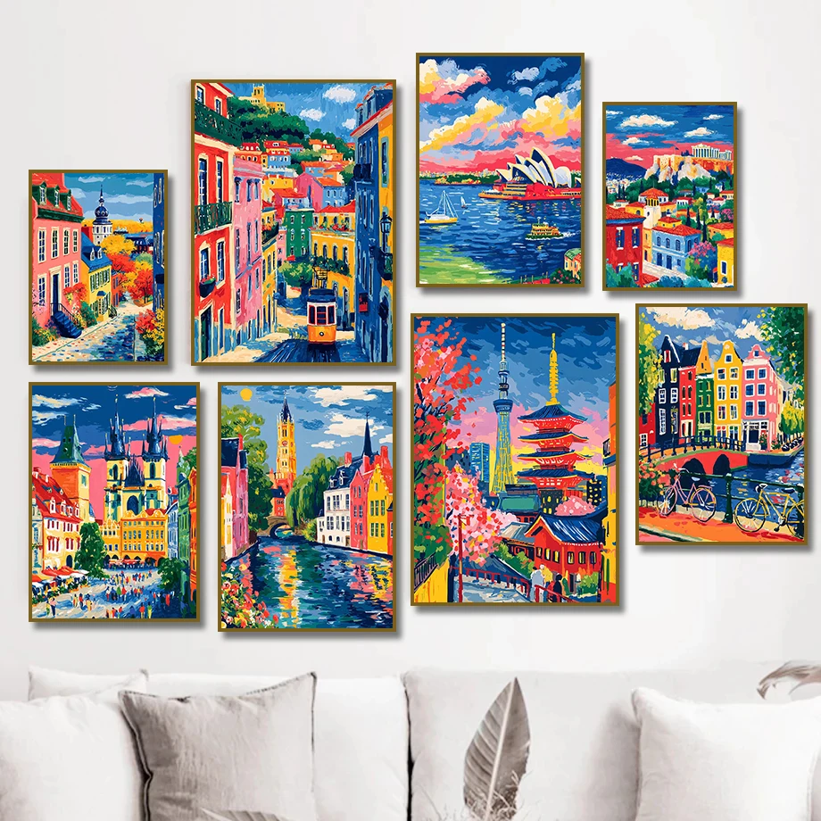 1pc frameless Canvas Painting Prague Tokyo Cityscape Painting Colorful Lisbon Street with Tram Amsterdam Canal Scene Poster Canv