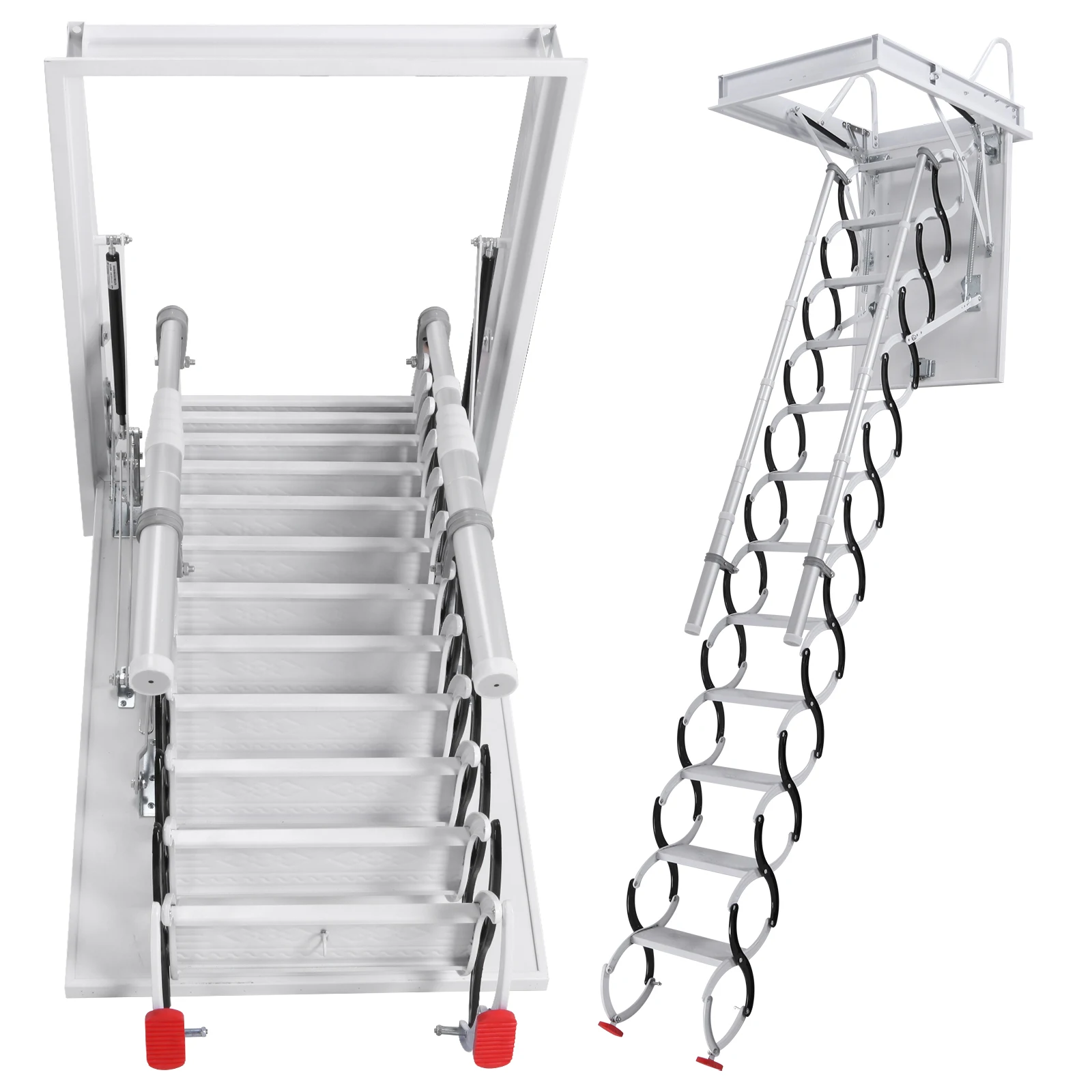 

Ceiling Mounted Attic Ladder with Handrails Indoor Concealed Steps 660LBS Capacity Pull Down System for Garages/Roofs/Basements