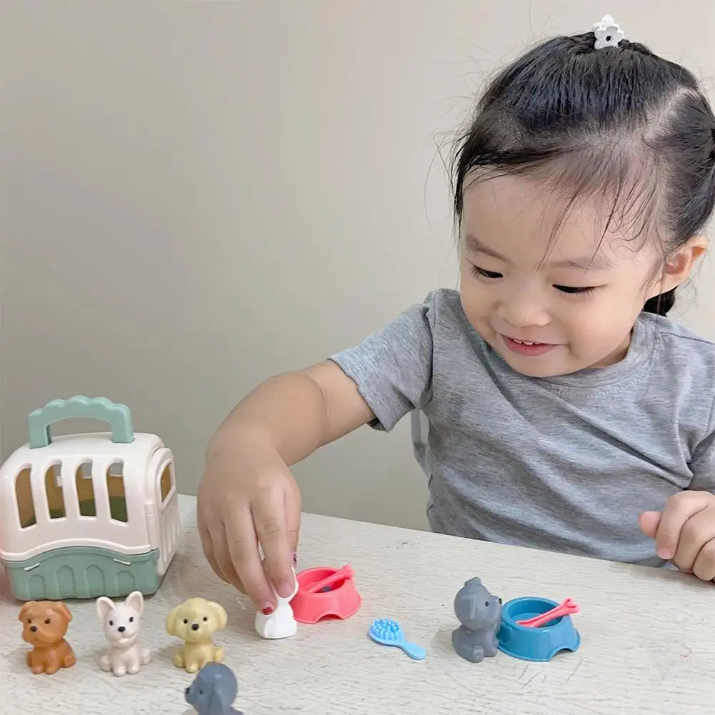 New Cute Mini Puppy Pretend Play Toy Animal Dog Doll Set Dog Pet Basket Ornament Kids Toys Visual Senses Scene Playing Ornament