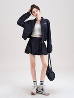 Korean Womens Two Piece Long Sleeved Short Top Striped Bow Decoration High Waist A Line Mini Skirt Sweet College Sports Style