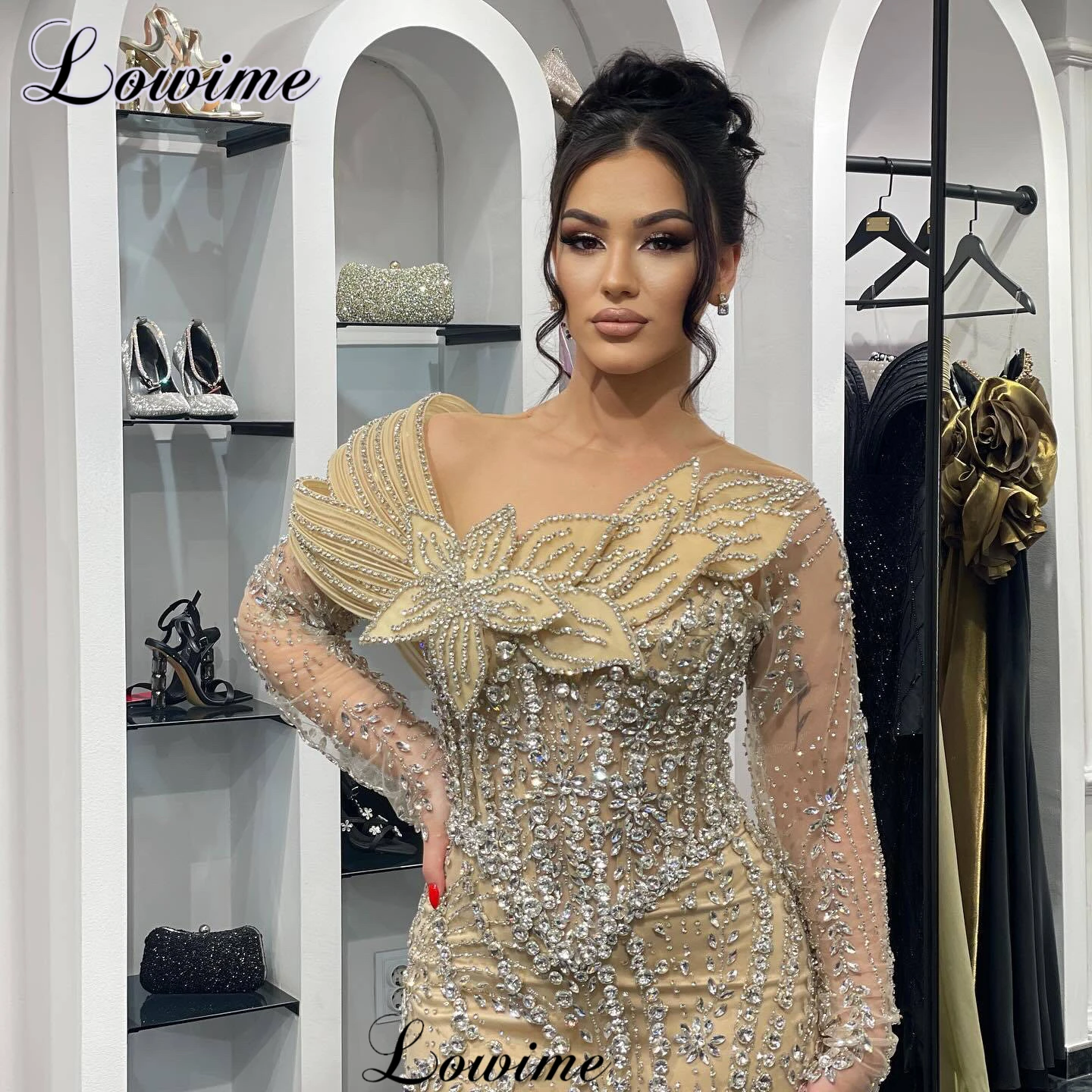 Luxury Full Crystals Evening Dresses With Detachable Train Long Sleeves Formal Occasion Dresses Robes De Soirée Customized