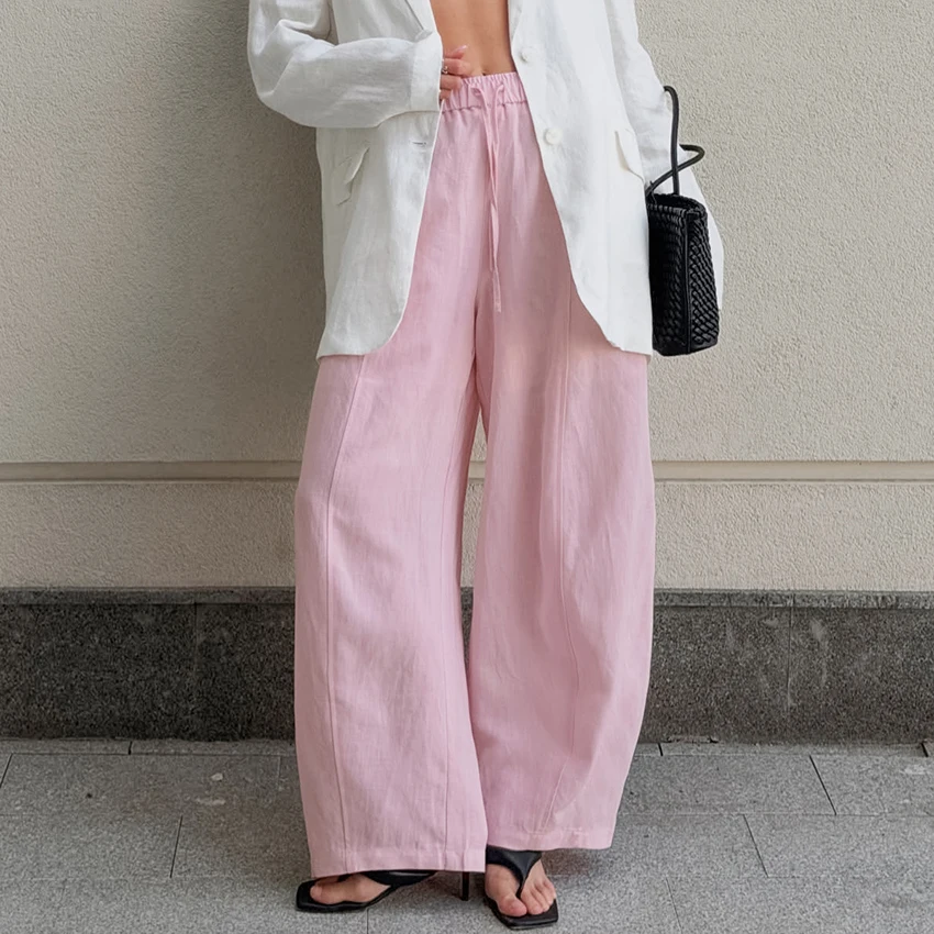 Pantalones Anchos con Cordón de Color Rosa Estilo Urbano Linad para Mujer 2026, Pantalones Casuales de Cintura Alta, Pantalones de Verano con Cordones para Mujer