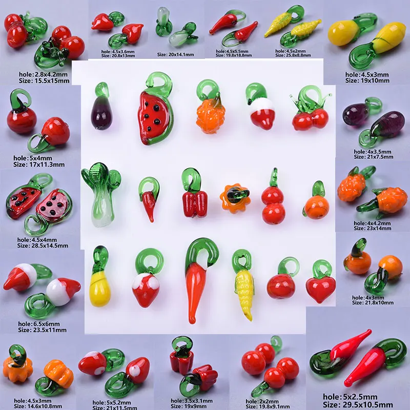 17pcs/Lot Glass New Vegetables Fruits Chili Peppers Watermelons Cabbage Charm Pendant 3D Handmade Glass Diy Necklace Accessories