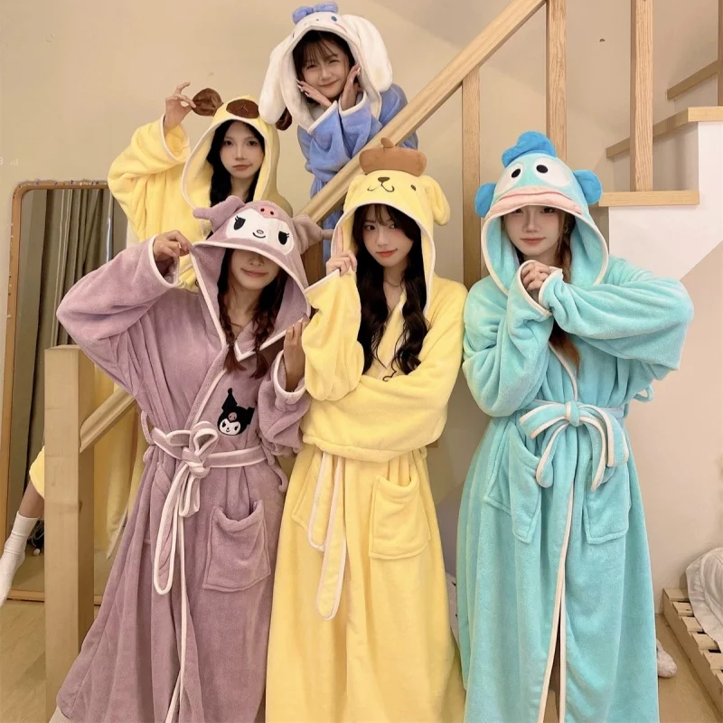 Sanrio Series Nightgown Melody Kuromi Cinnamoroll Cartoon Patterns Coral Fleece Autumn And Winter Cute Bathrobe Lovers Pajamas