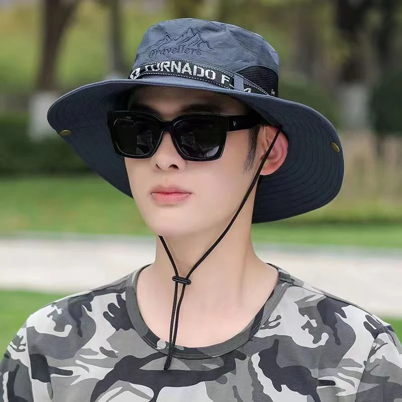 Summer Men Bucket Hat Outdoor UV Protection Wide Brim Panama Safari Hunting Hiking Hat Mesh Fisherman Hat Beach Sunscreen Cap