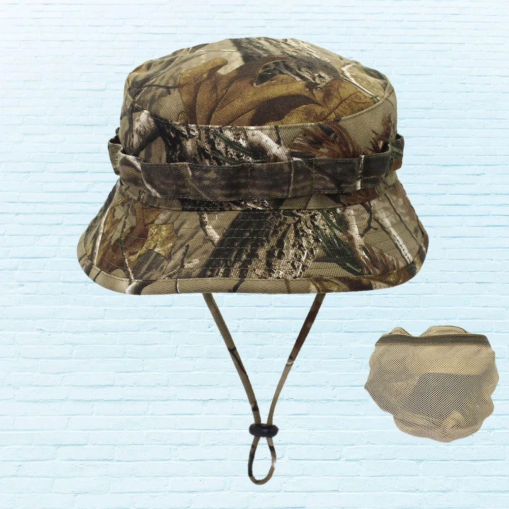 

Camouflage Bucket Hat Outdoor Boonie Hat Canvas Sun Protection Fishing Hunting Adjustable Chin Strap One Size