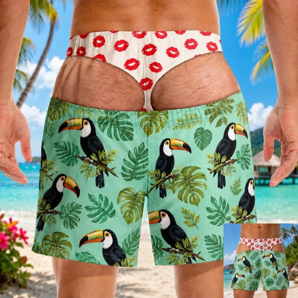 Men's Fun Fake Underwear Printed Swim Trunks with Highlighting Buttocks Beach Shorts Novel Summer Prank Gift Surf Shorts