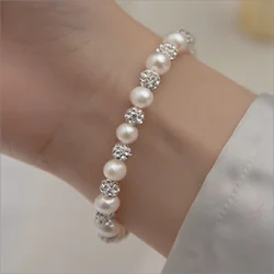 HENGSHENG Trendy 5-6mm Natural Freshwater White Pearls Oblate Shape 925 Sterling Silver Bracelet AAA For Women Girls Jewelry